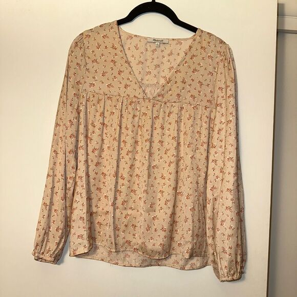 Madewell Satin Puff-Sleeve V-Neck Top in Baby's Breath Pink Medium EUC - Picture 1 of 11